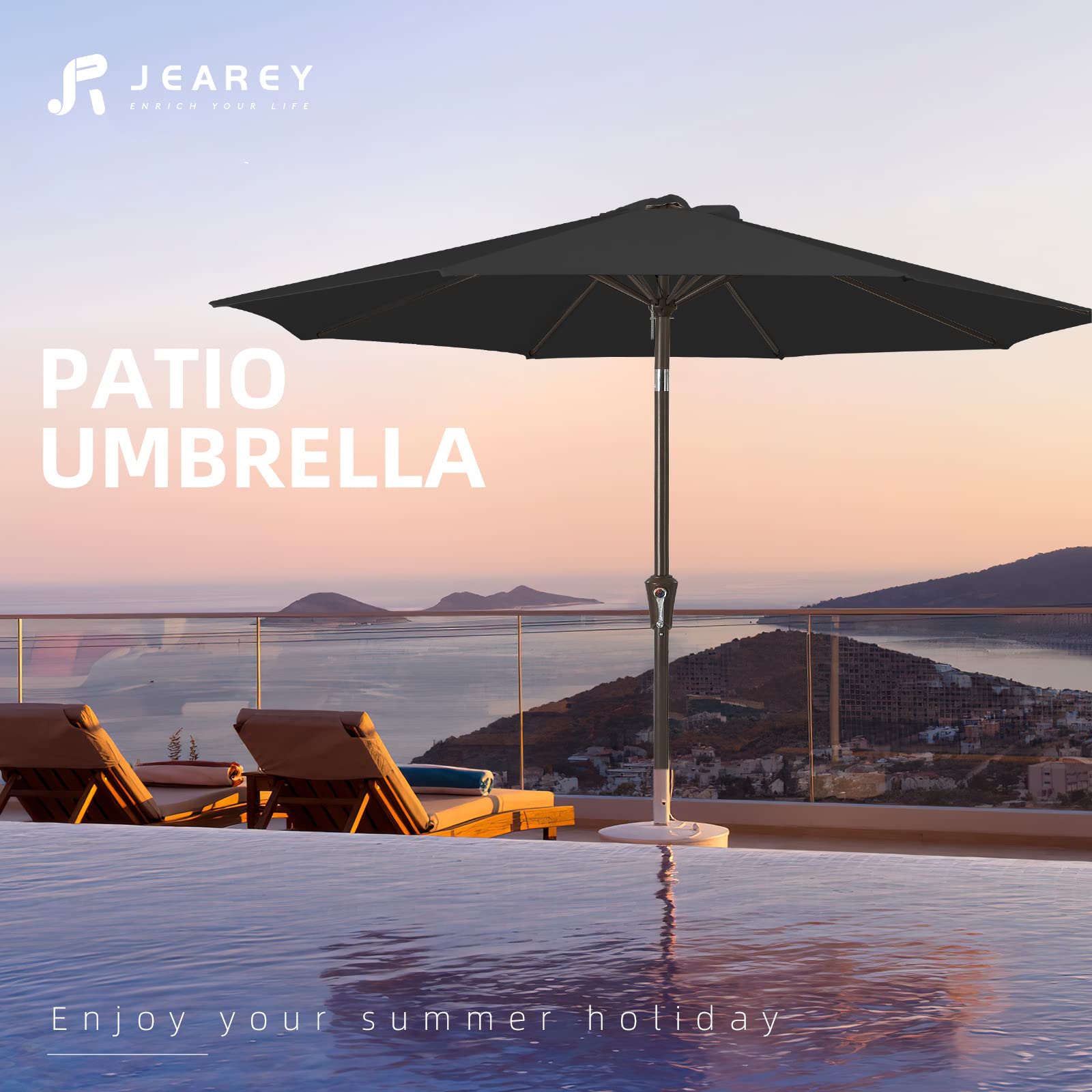 JEAREY black canopy on patio scene creates inviting shade.