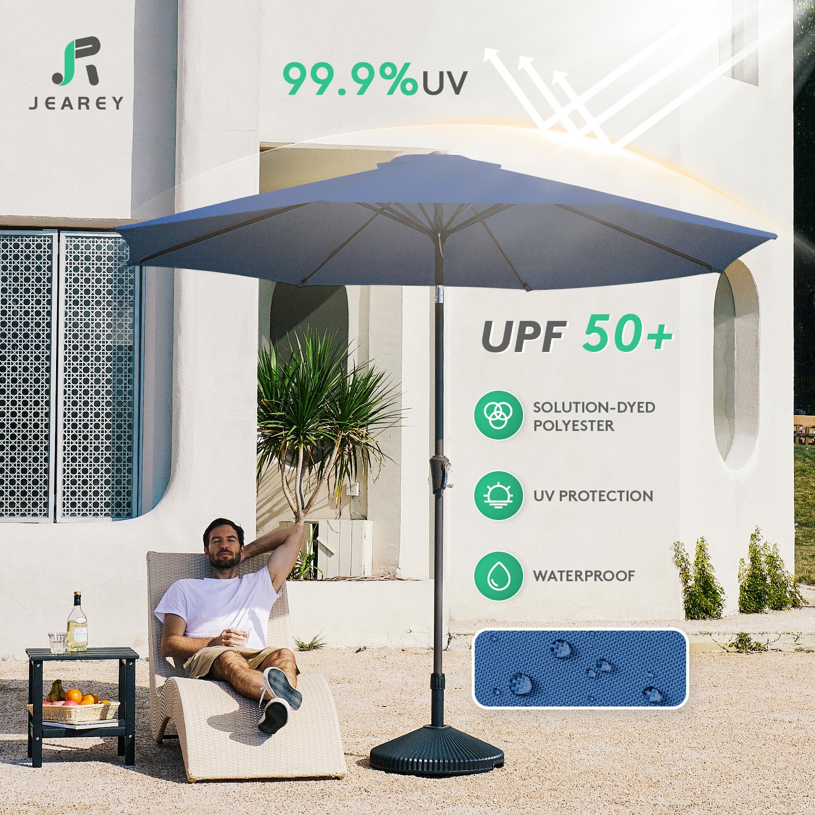 JEAREY 9FT umbrella push-button-tilt for adjustable shade.
