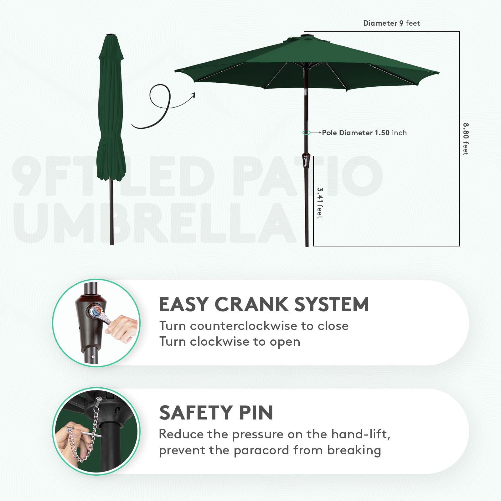 Antique bronze powder-coated pole and eight ribs ensure durability on the JEAREY umbrella.