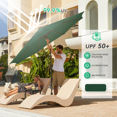 Top-mounted solar panel powers wireless lighting for JEAREY patio umbrella after dark.