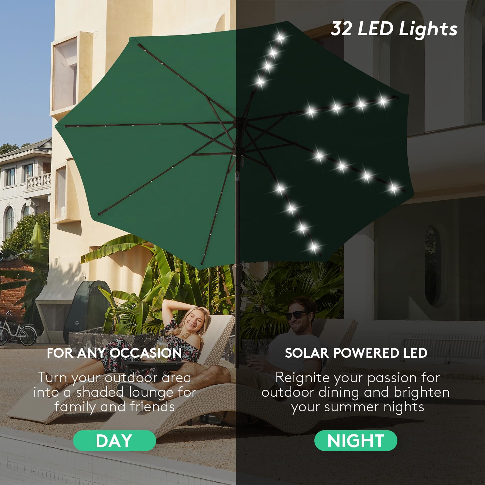Tilt-enabled push-button shade adjustment on the JEAREY umbrella for versatile sun coverage.