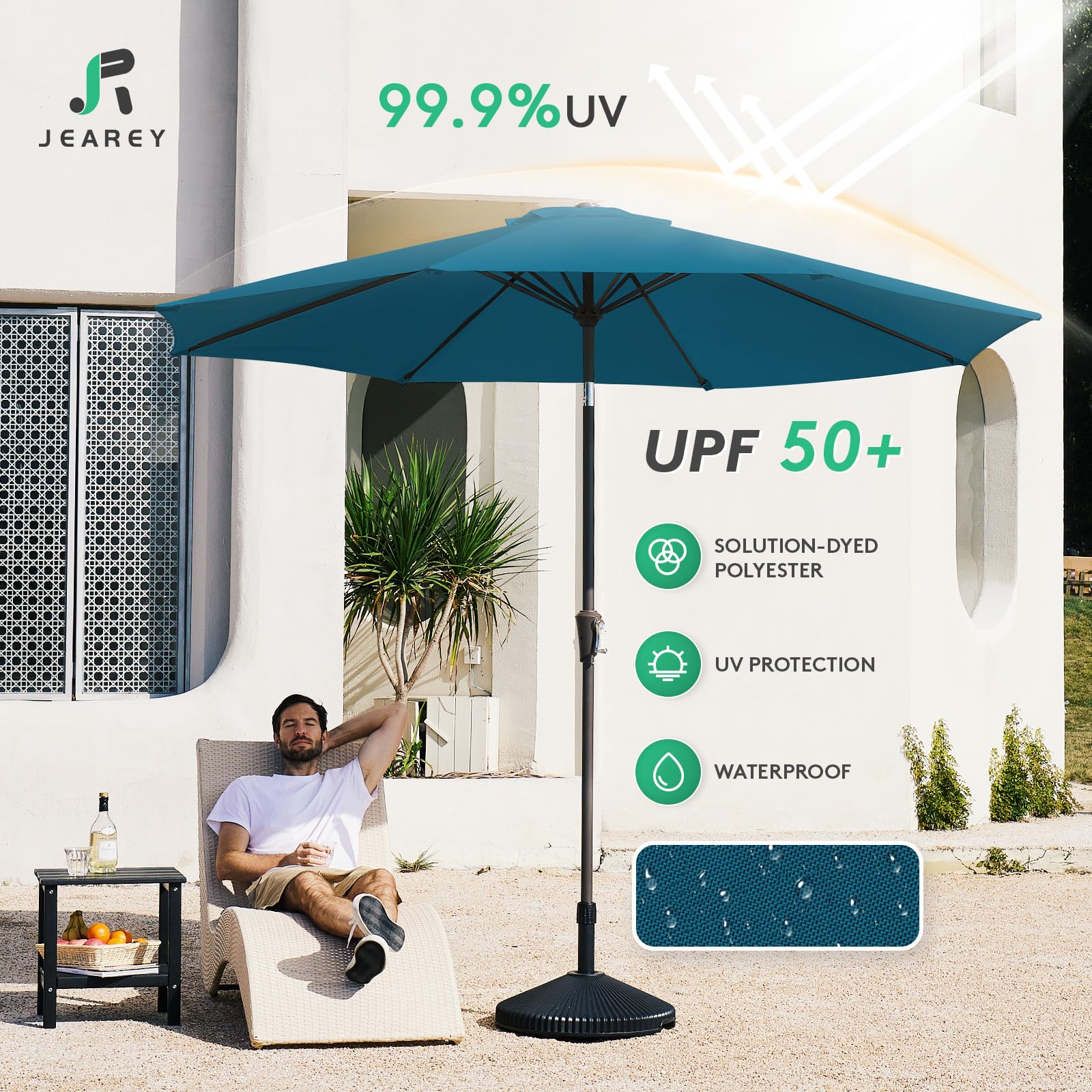 JEAREY UV-resistant polyester fabric protects against sun while maintaining color.