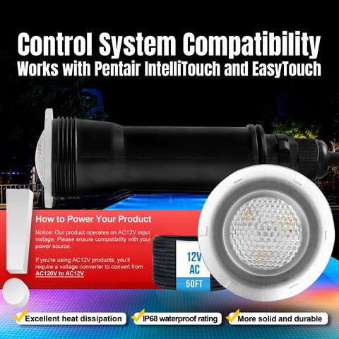 Jeavle 12V operation with safe transformer configuration for pool lighting.