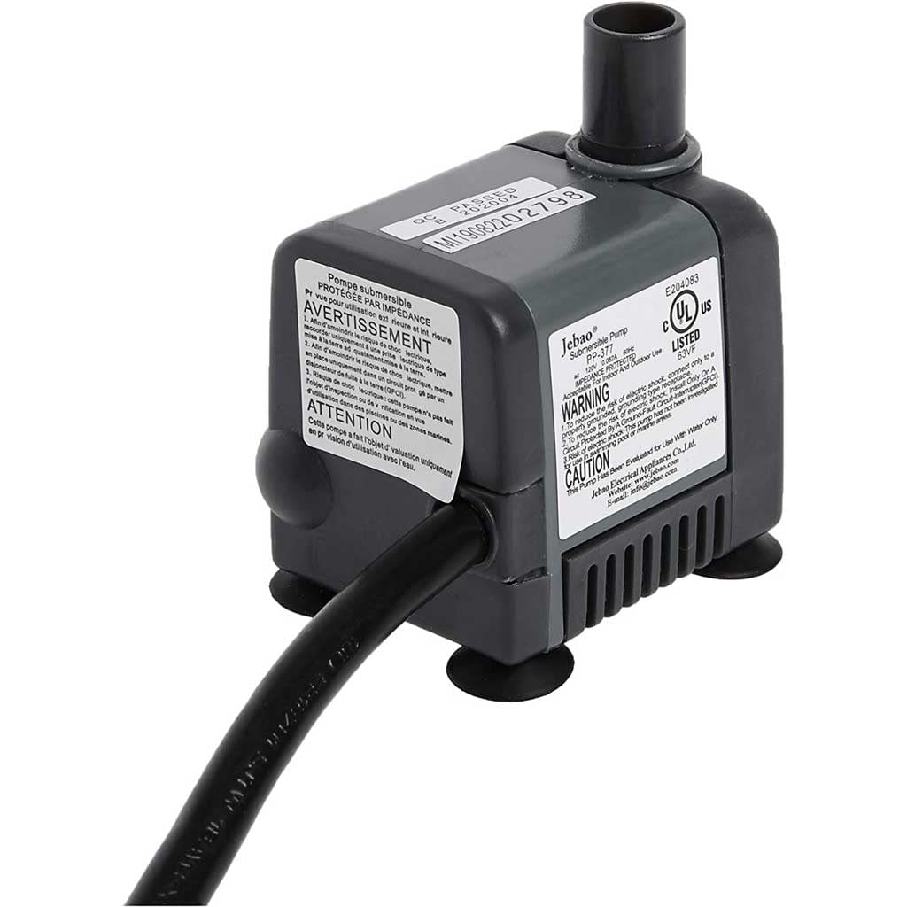 Jebao Jecod PP-377 pump front view, compact and quiet for small ponds.