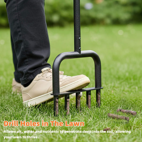 Jebosam lawn aerator with five hollow tines delivering efficient soil holes.
