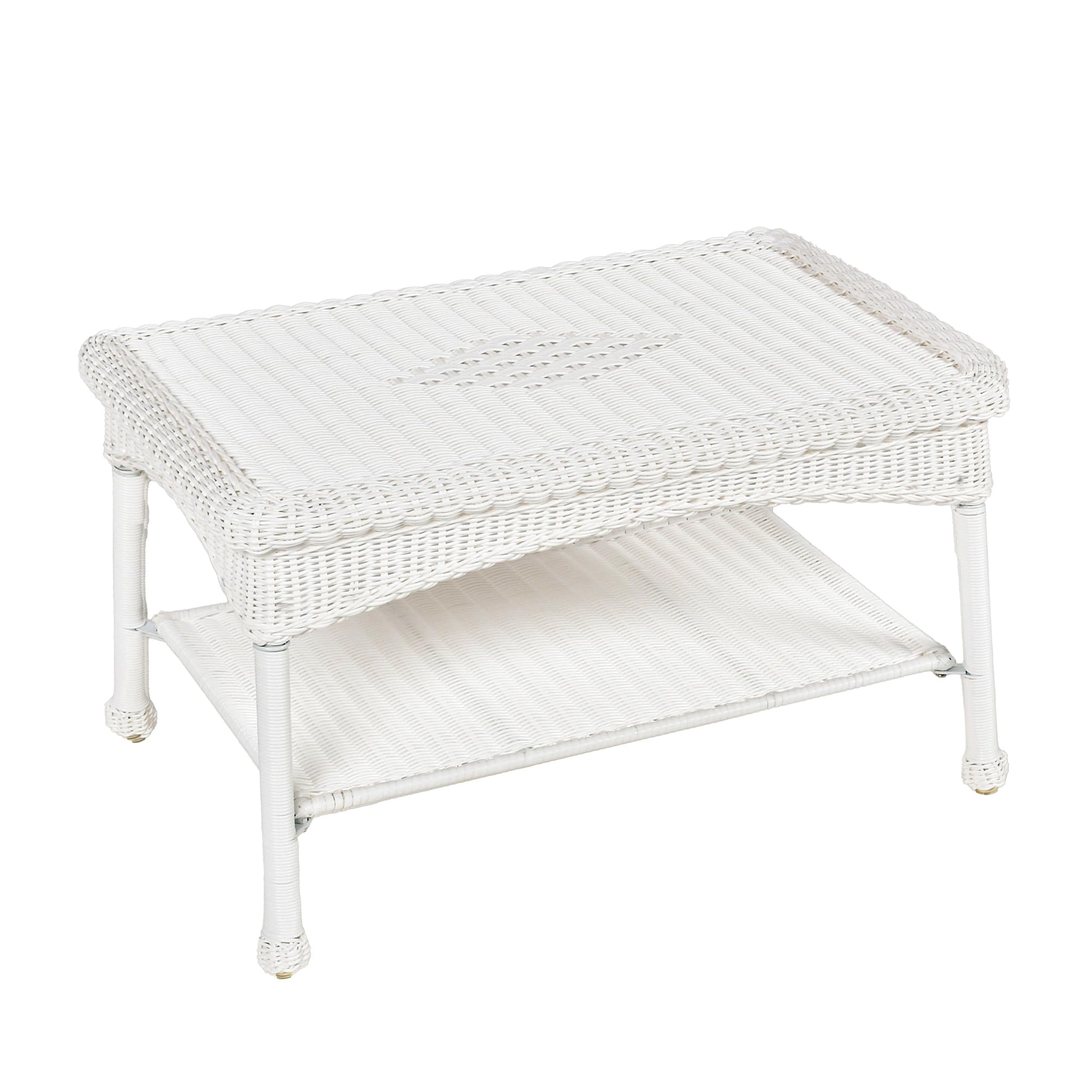 Jeco white wicker patio coffee table front view highlights sturdy all-weather frame.