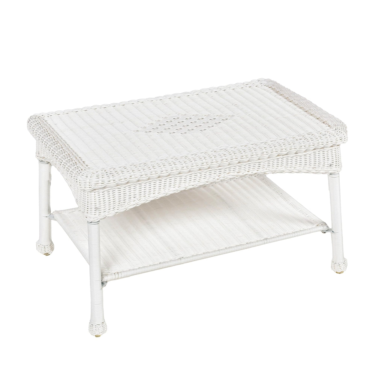 Jeco white wicker patio coffee table front view highlights sturdy all-weather frame.