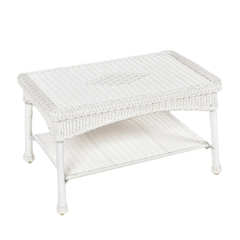 Jeco white wicker patio coffee table front view highlights sturdy all-weather frame.