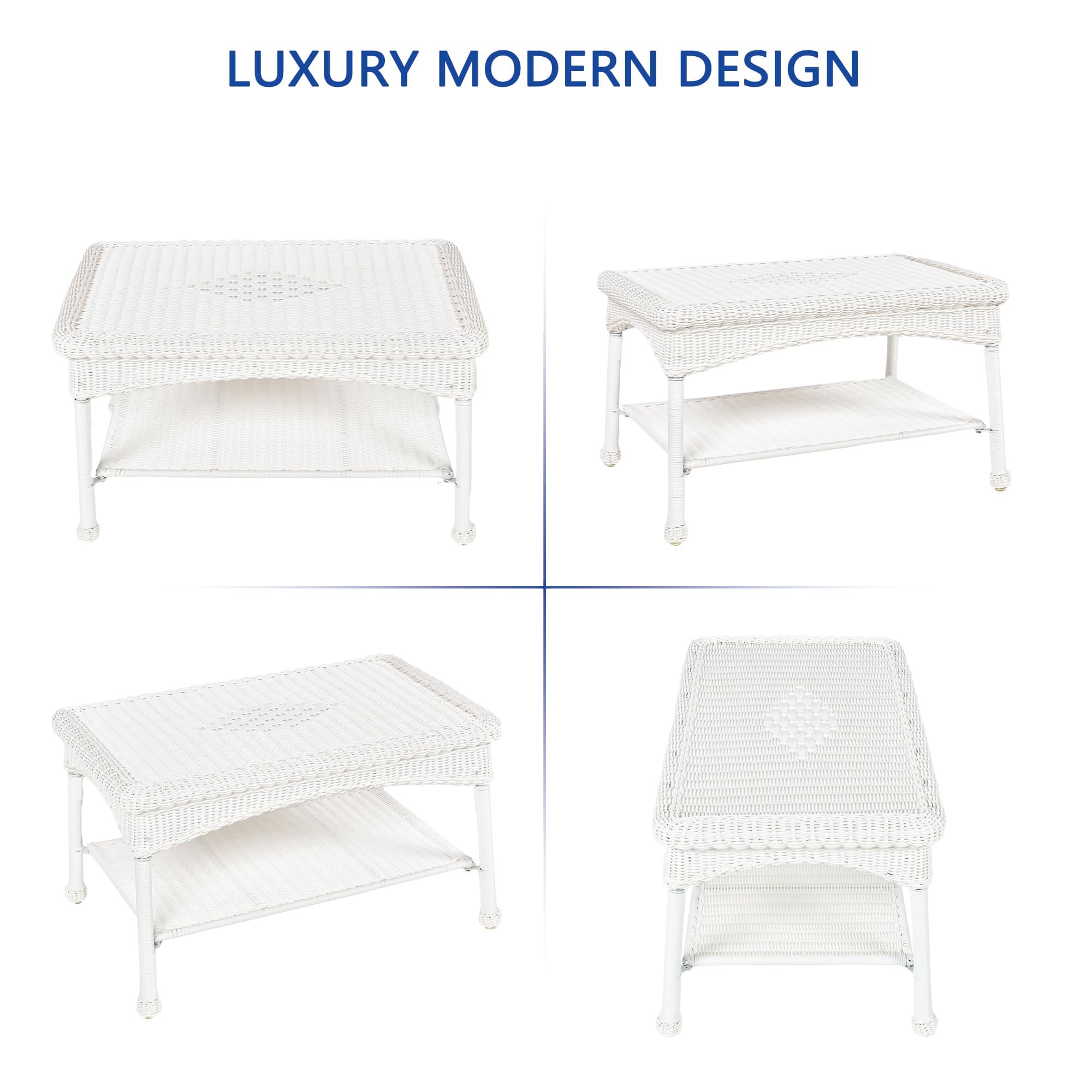 Jeco white wicker patio coffee table in a garden setting for casual outdoor gatherings.