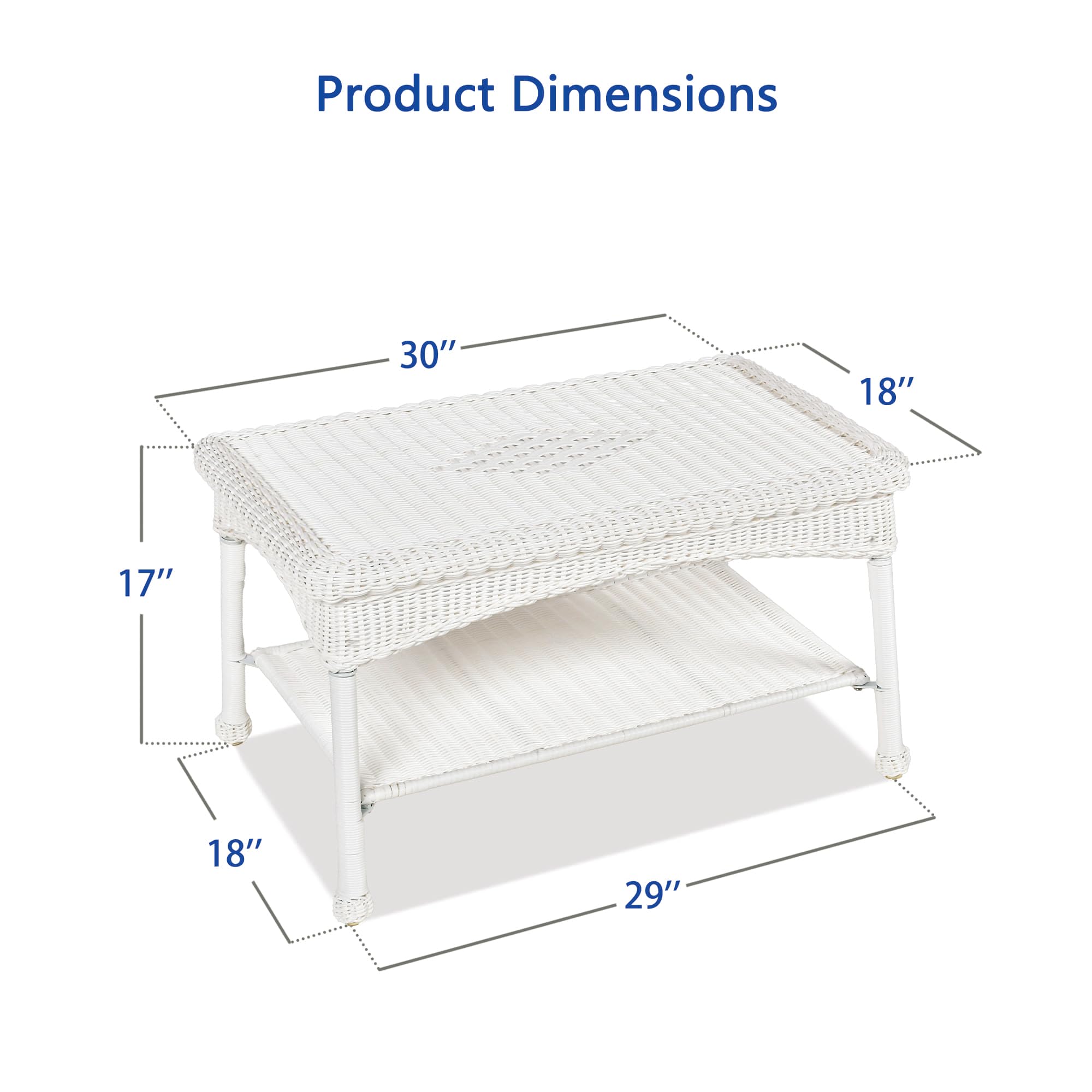 Jeco white wicker patio coffee table open shelf design for extra storage.