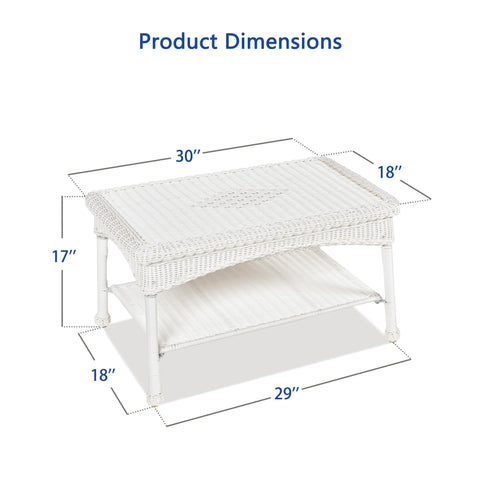 Jeco white wicker patio coffee table open shelf design for extra storage.