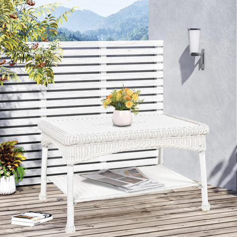 Jeco white wicker patio coffee table with powder-coated steel frame resists weather.