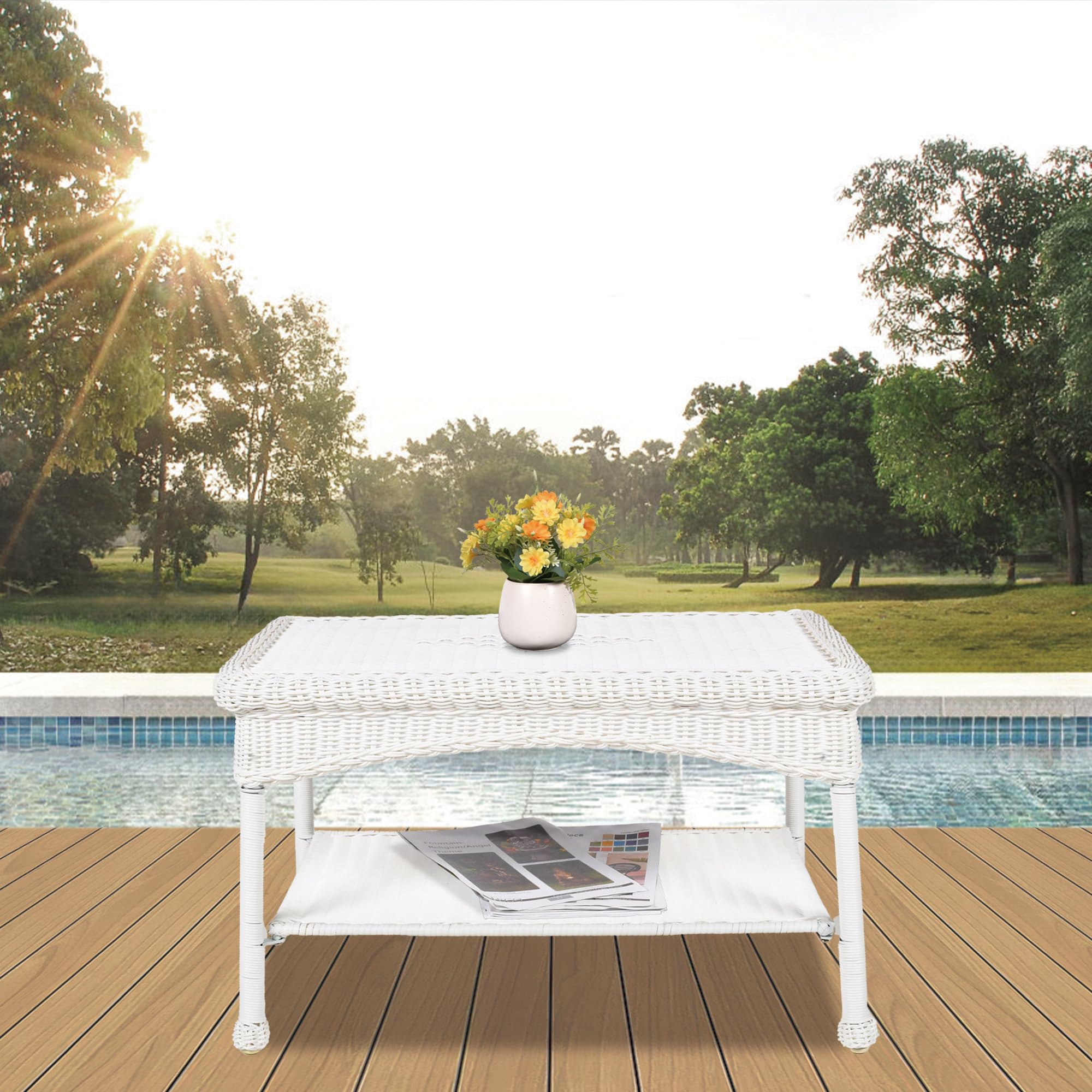 Jeco white wicker patio coffee table woven detail showcases durable resin craftsmanship.