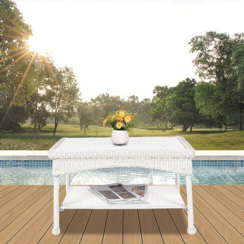 Jeco white wicker patio coffee table woven detail showcases durable resin craftsmanship.