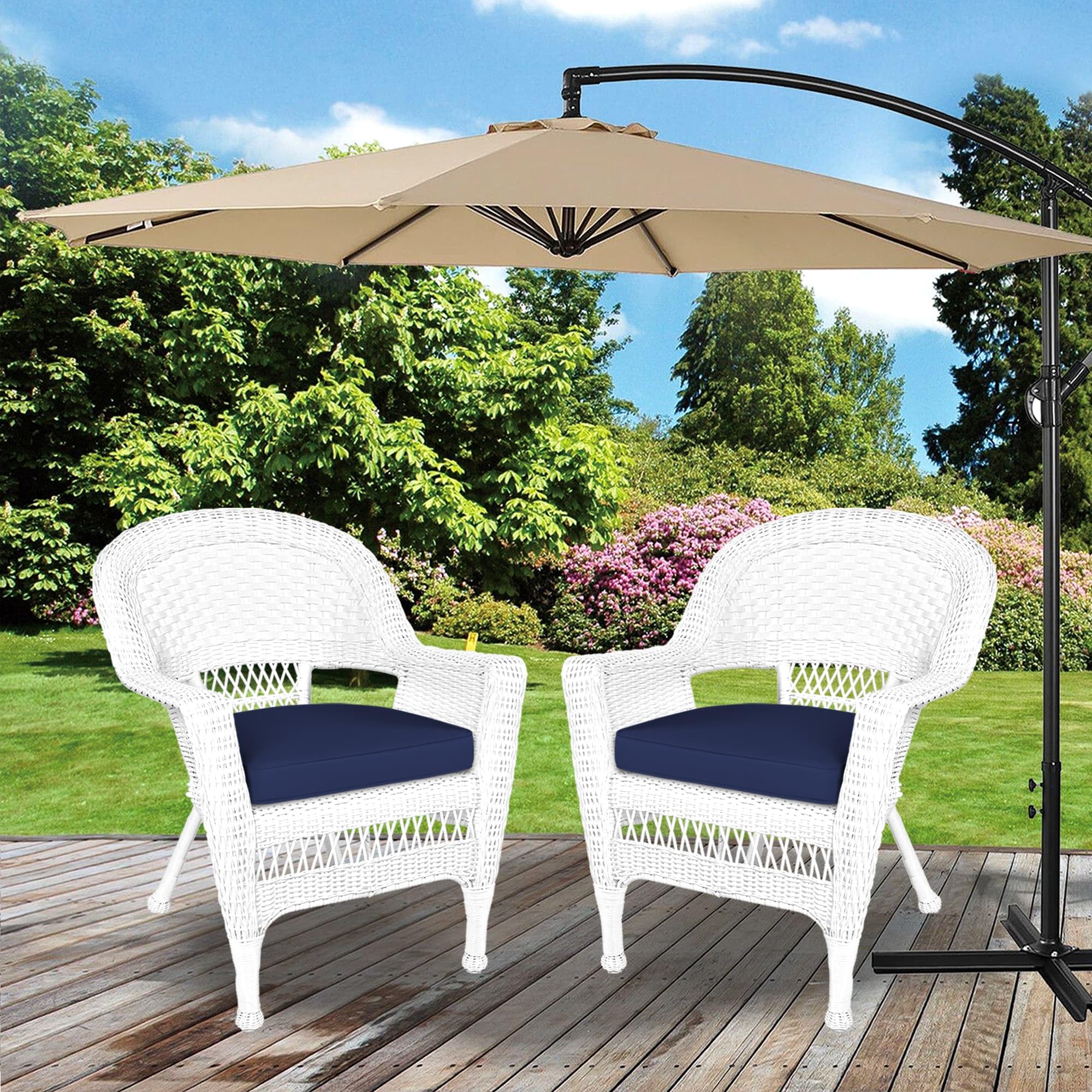 Jeco fully assembled wicker chair with blue cushion ready to use.