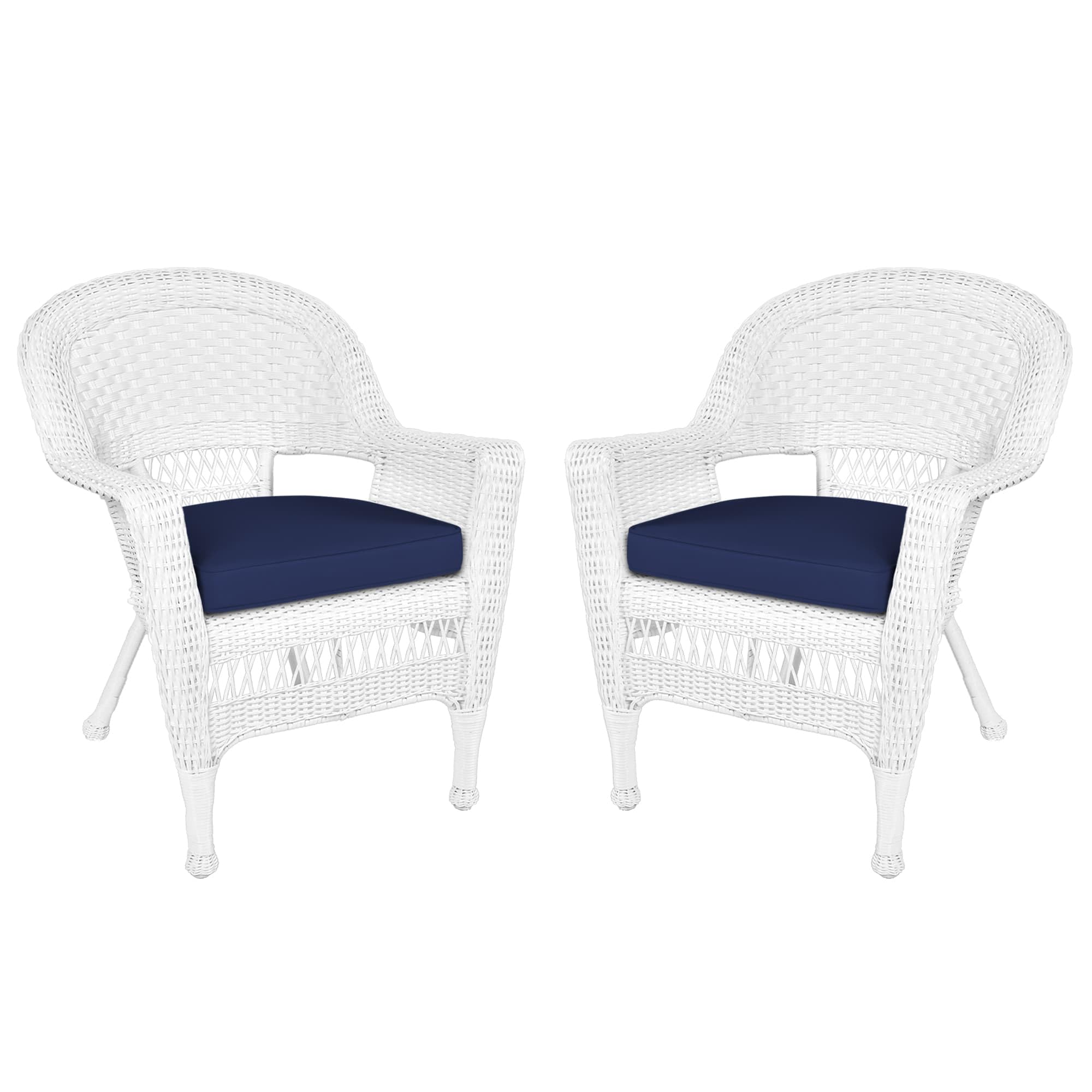 Jeco wicker chair with blue cushion in front view, weather-resistant outdoor seating for patios.
