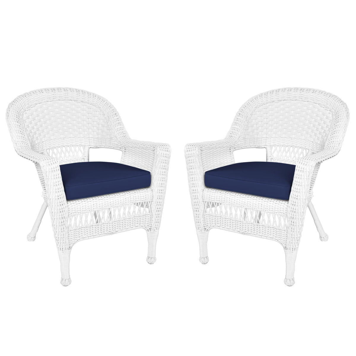 Jeco wicker chair with blue cushion in front view, weather-resistant outdoor seating for patios.