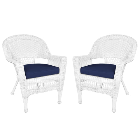 Jeco wicker chair with blue cushion in front view, weather-resistant outdoor seating for patios.
