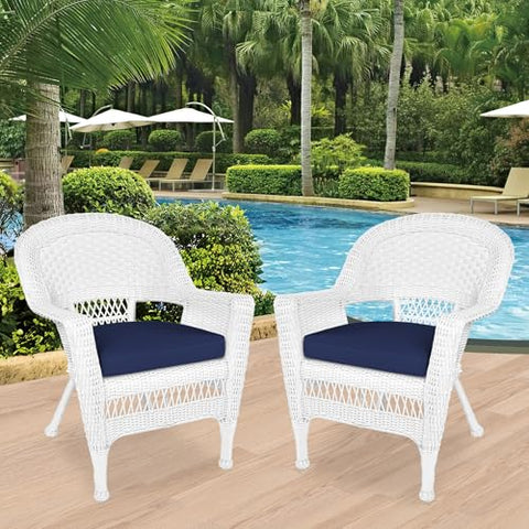 Jeco wicker chair blue cushion side view, ideal poolside lounging on sunny days.