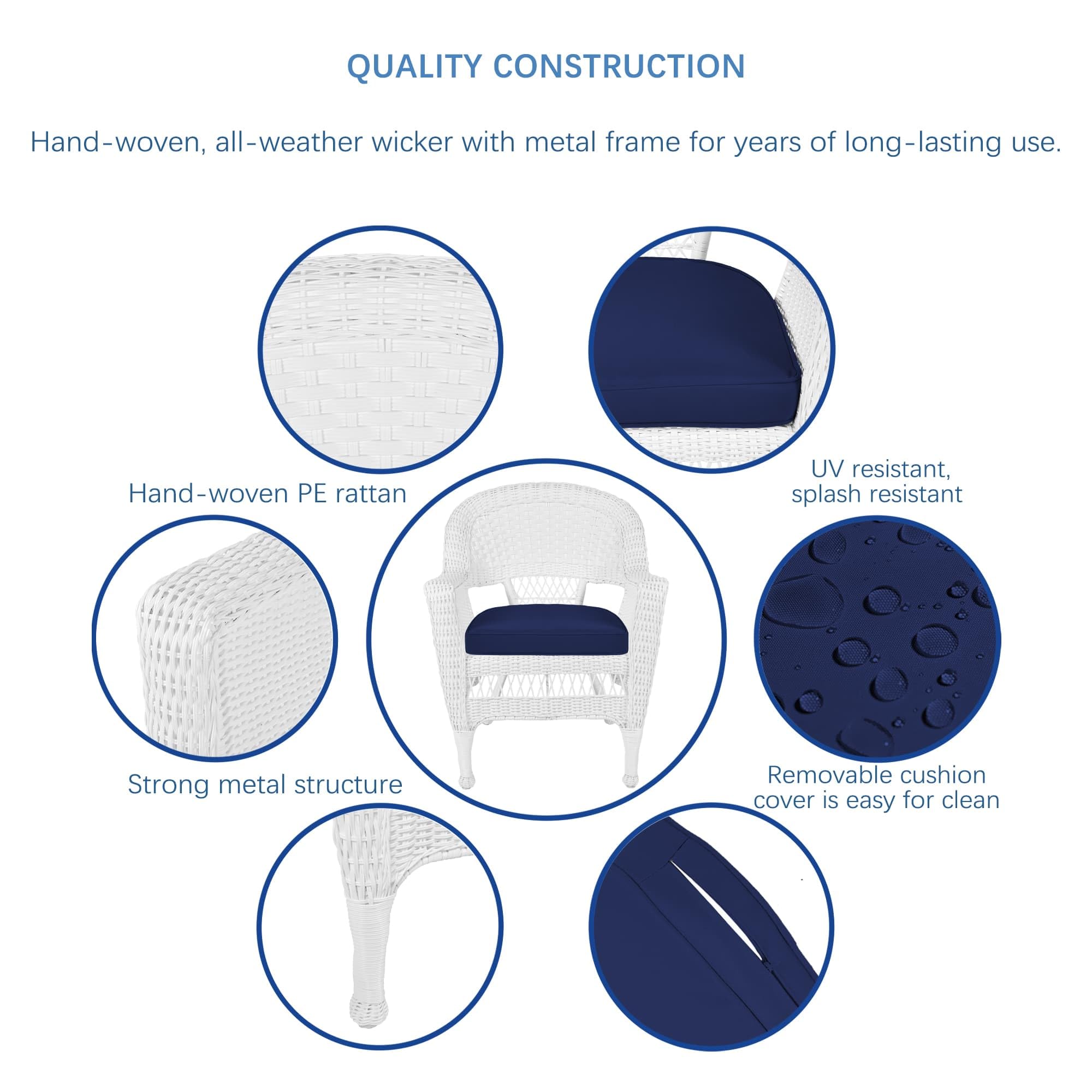 Jeco wicker chair blue cushion stackable design allowing easy off-season storage.