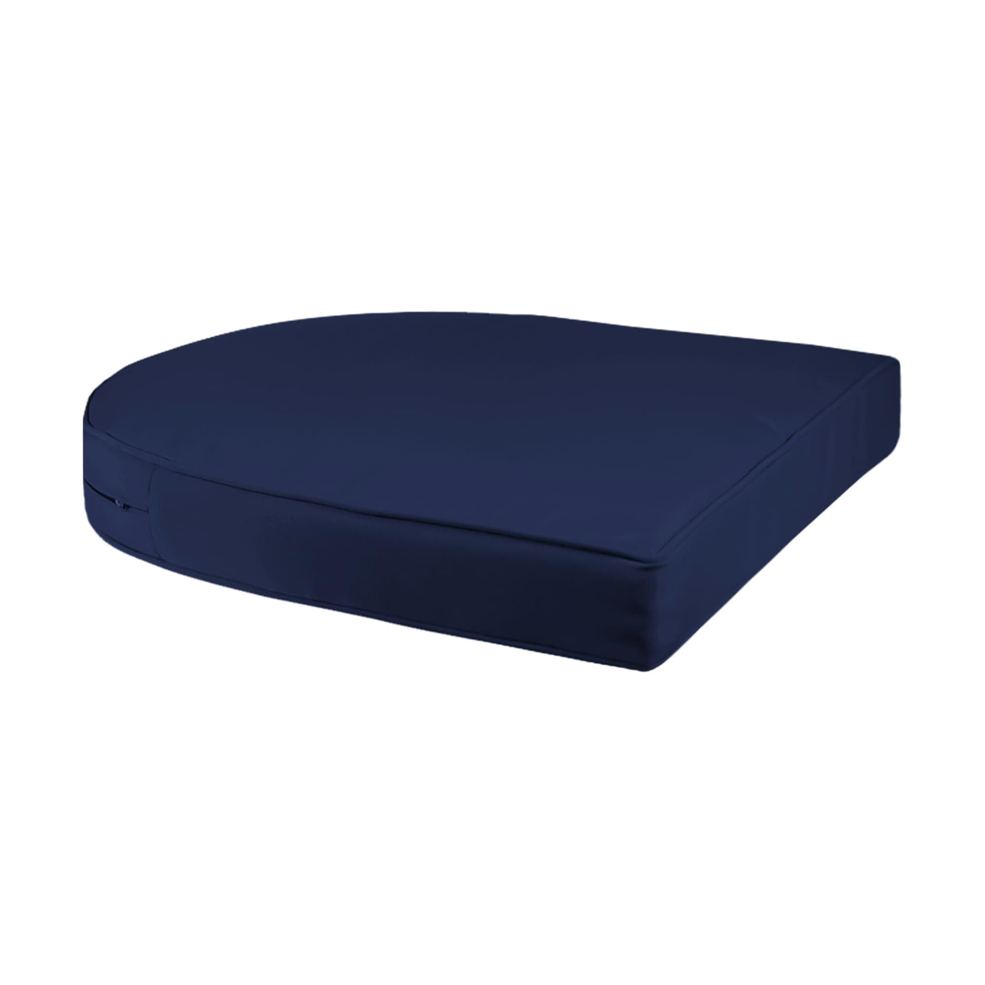 Jeco blue cushion on wicker chair demonstrates water-resistant cushion for damp patios.