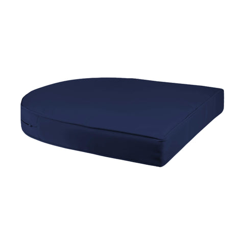 Jeco blue cushion on wicker chair demonstrates water-resistant cushion for damp patios.