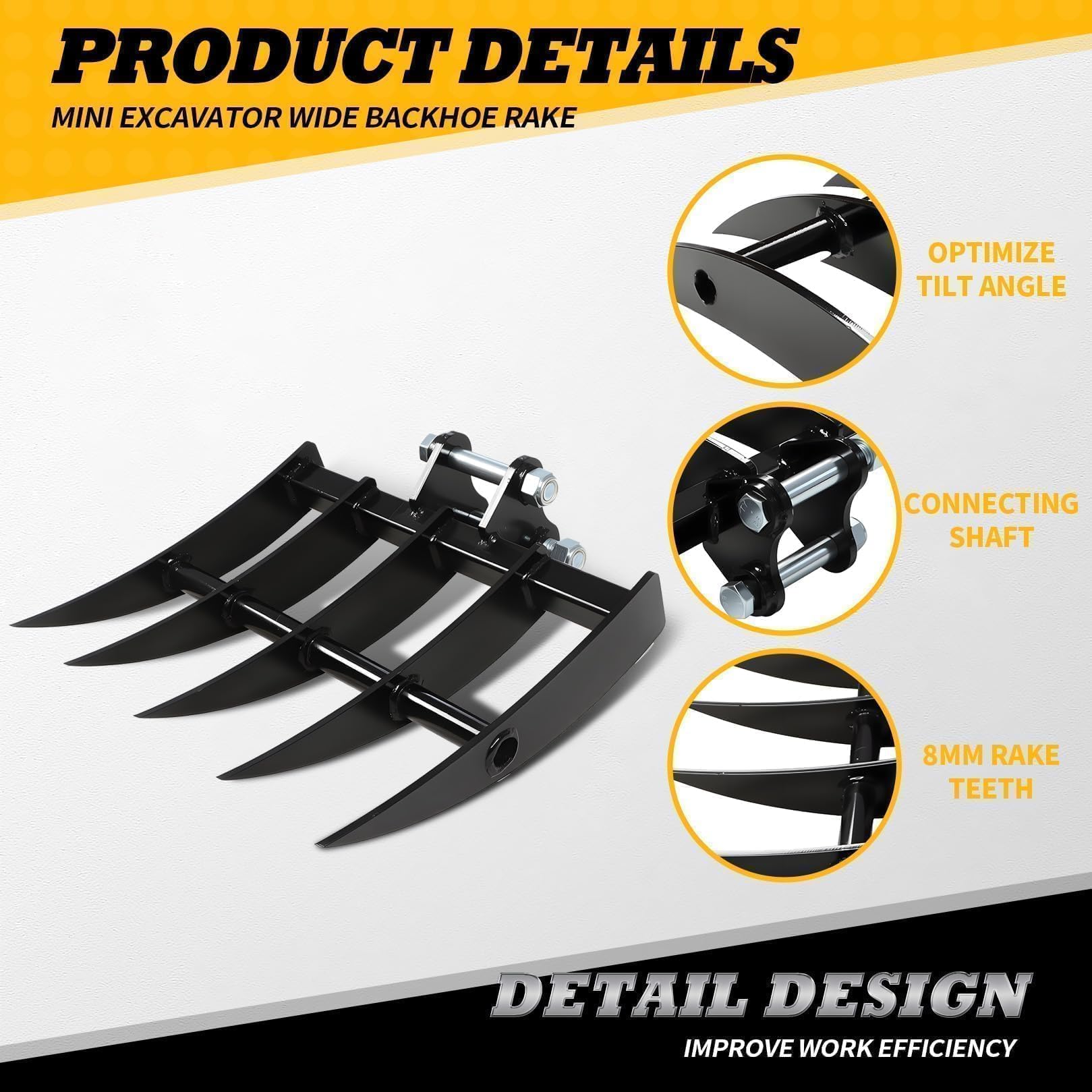 Jecoupoon backhoe rake tilt-optimized design for smoother soil penetration.