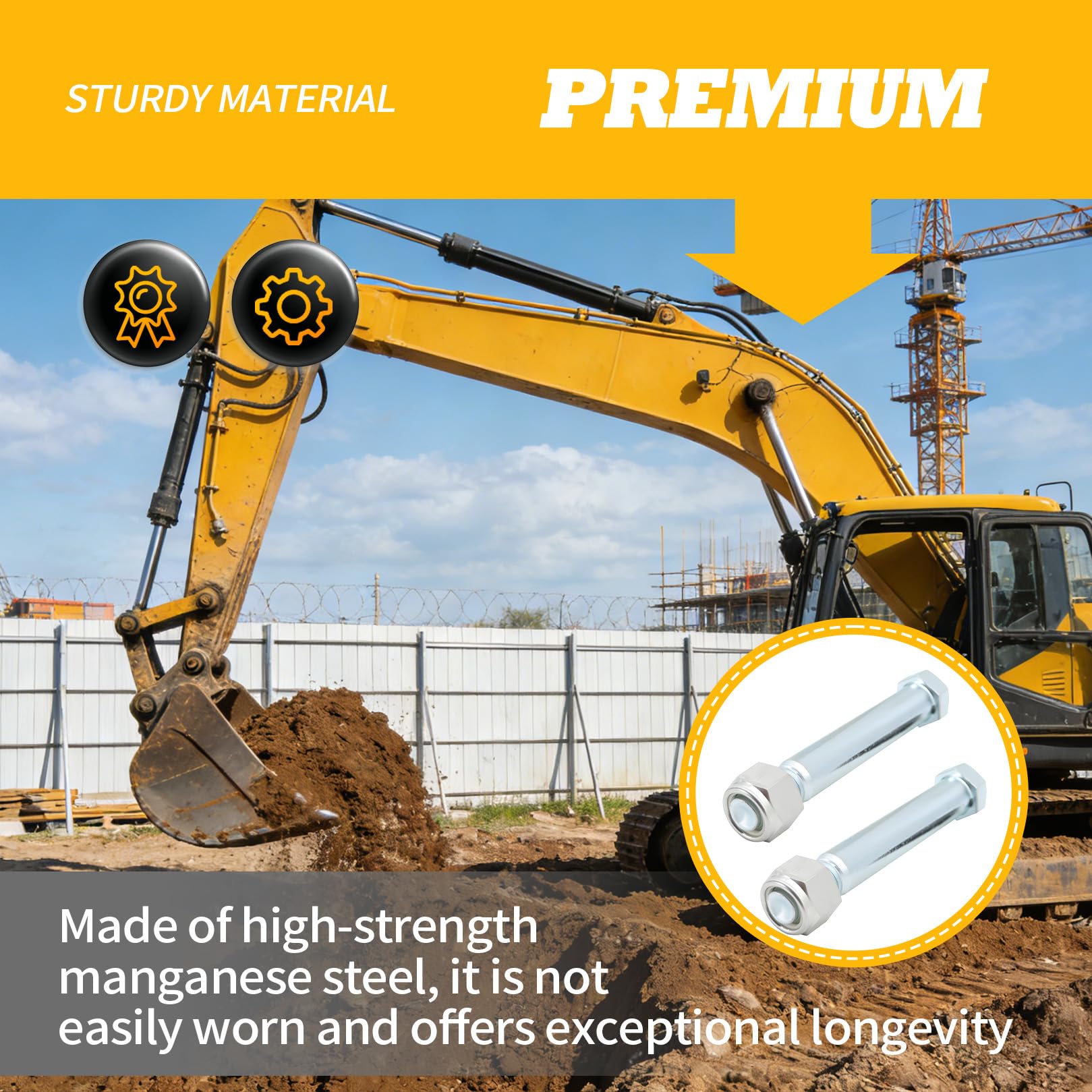 Jecoupoon mini excavator pins pair showing sturdy manganese steel construction for long life.