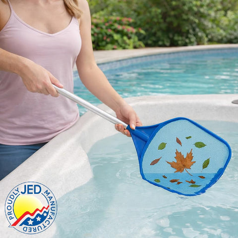 JED hand skimmer net blue housing, durable design for daily cleanup.