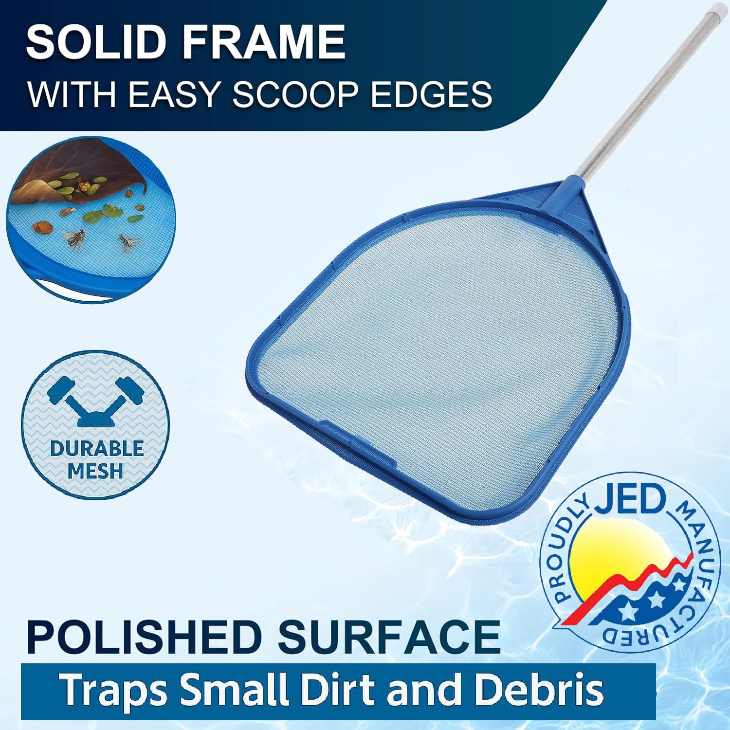 Jed Pool Tools hand skimmer net with fine mesh, close-up for tiny debris capture.