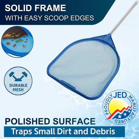 Jed Pool Tools hand skimmer net with fine mesh, close-up for tiny debris capture.