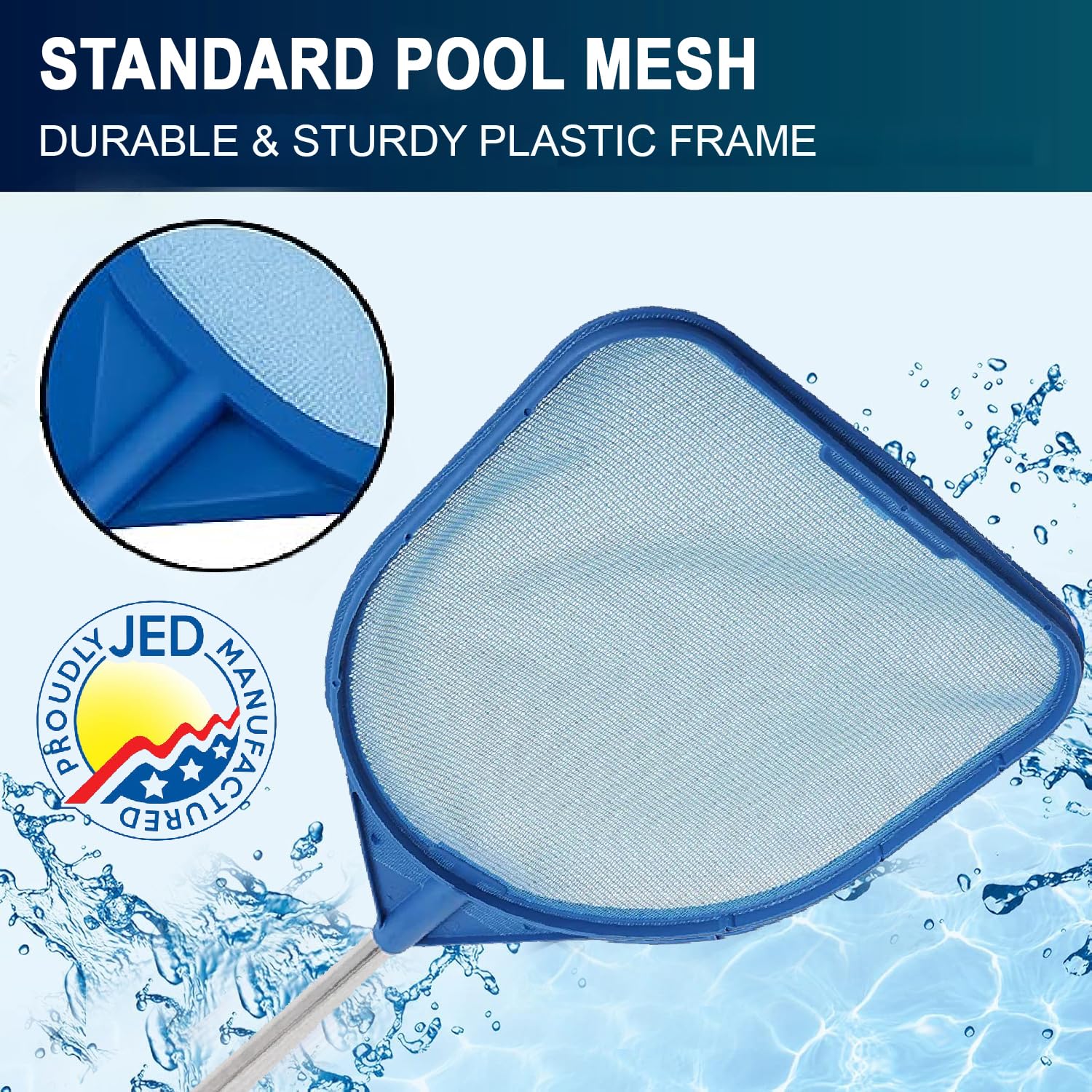 JED Pool Tools hand skimmer net shown with pole compatibility for easy attachment.