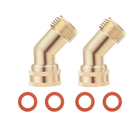 Jeeker 45-degree garden hose elbow reduces strain on RV water lines.