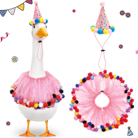 Jeere pink birthday hat on porch goose enhances festive curb appeal for outdoor decor.