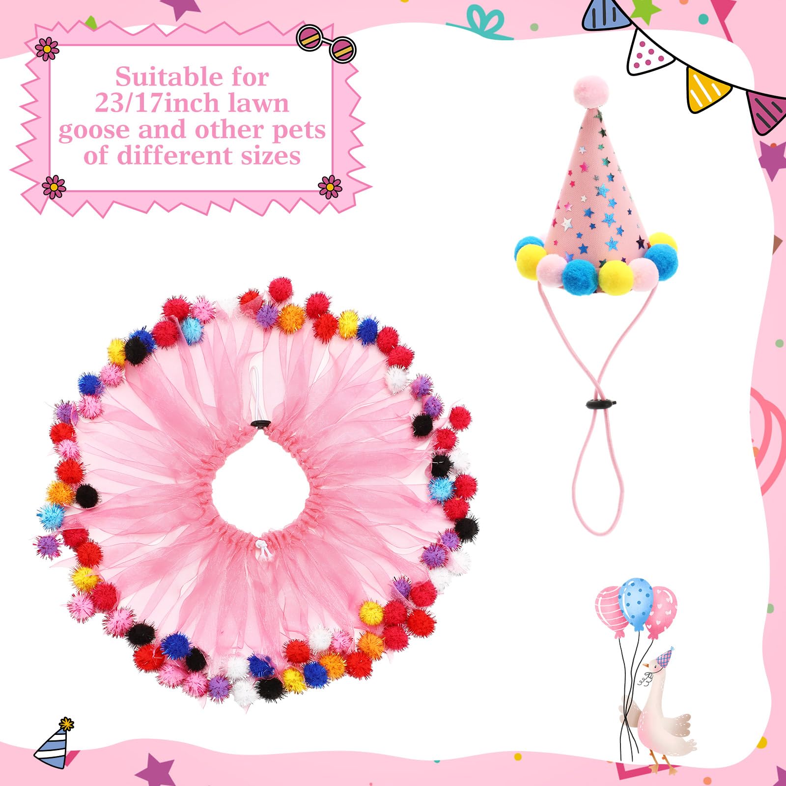 Jeere pink tutu collar on porch goose adds charming details for garden celebrations.