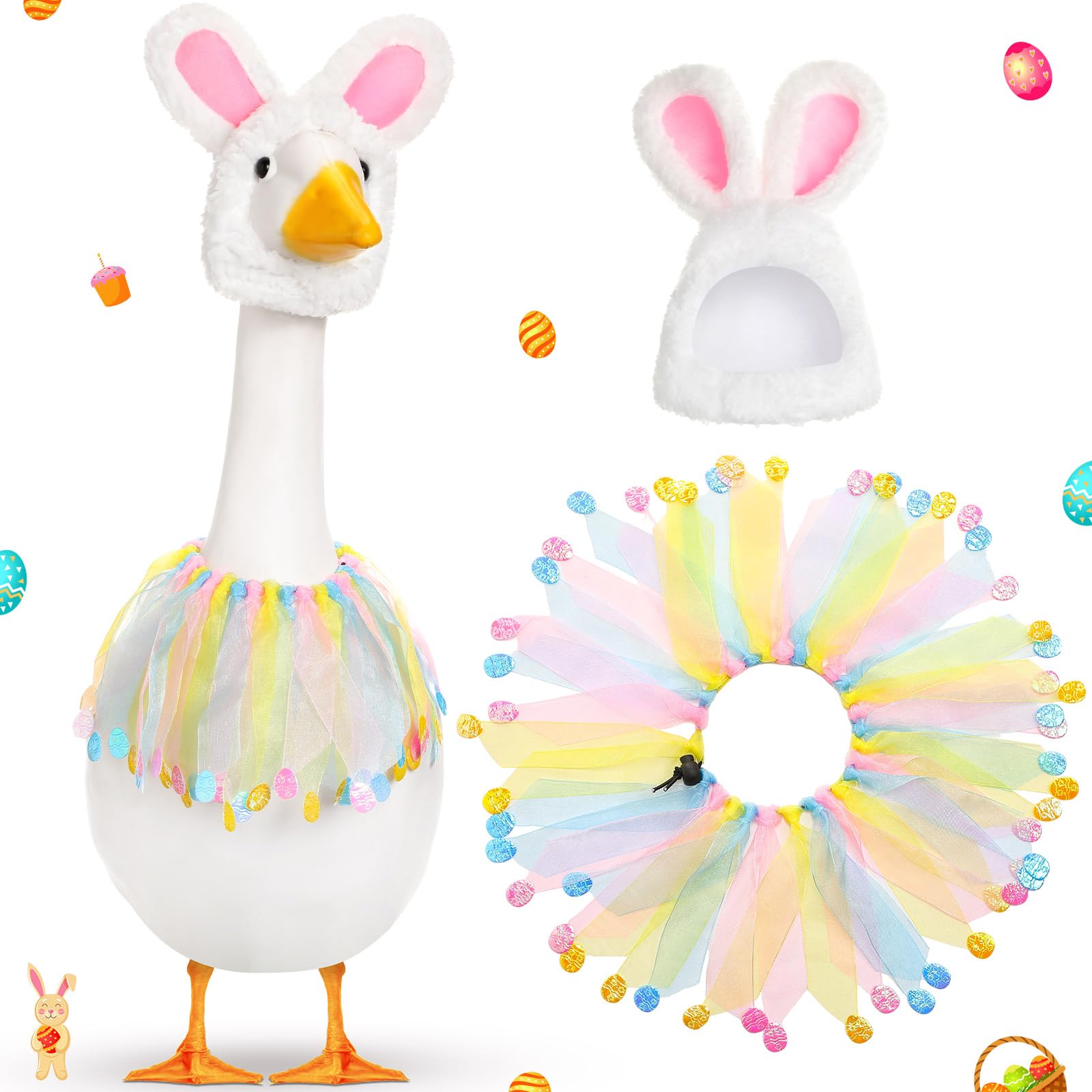Jeere Easter goose outfit with rabbit hat enhances festive lawn decor.