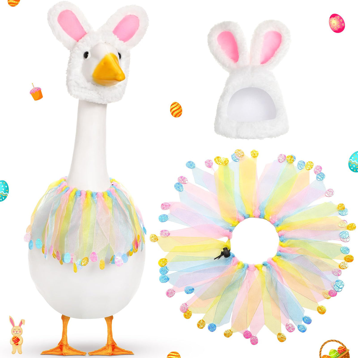 Jeere Easter goose outfit with rabbit hat enhances festive lawn decor.