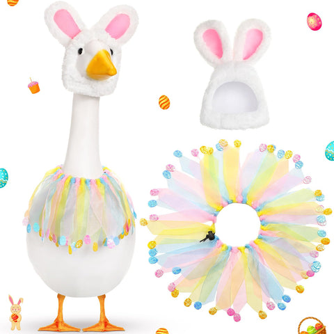 Jeere Easter goose outfit with rabbit hat enhances festive lawn decor.