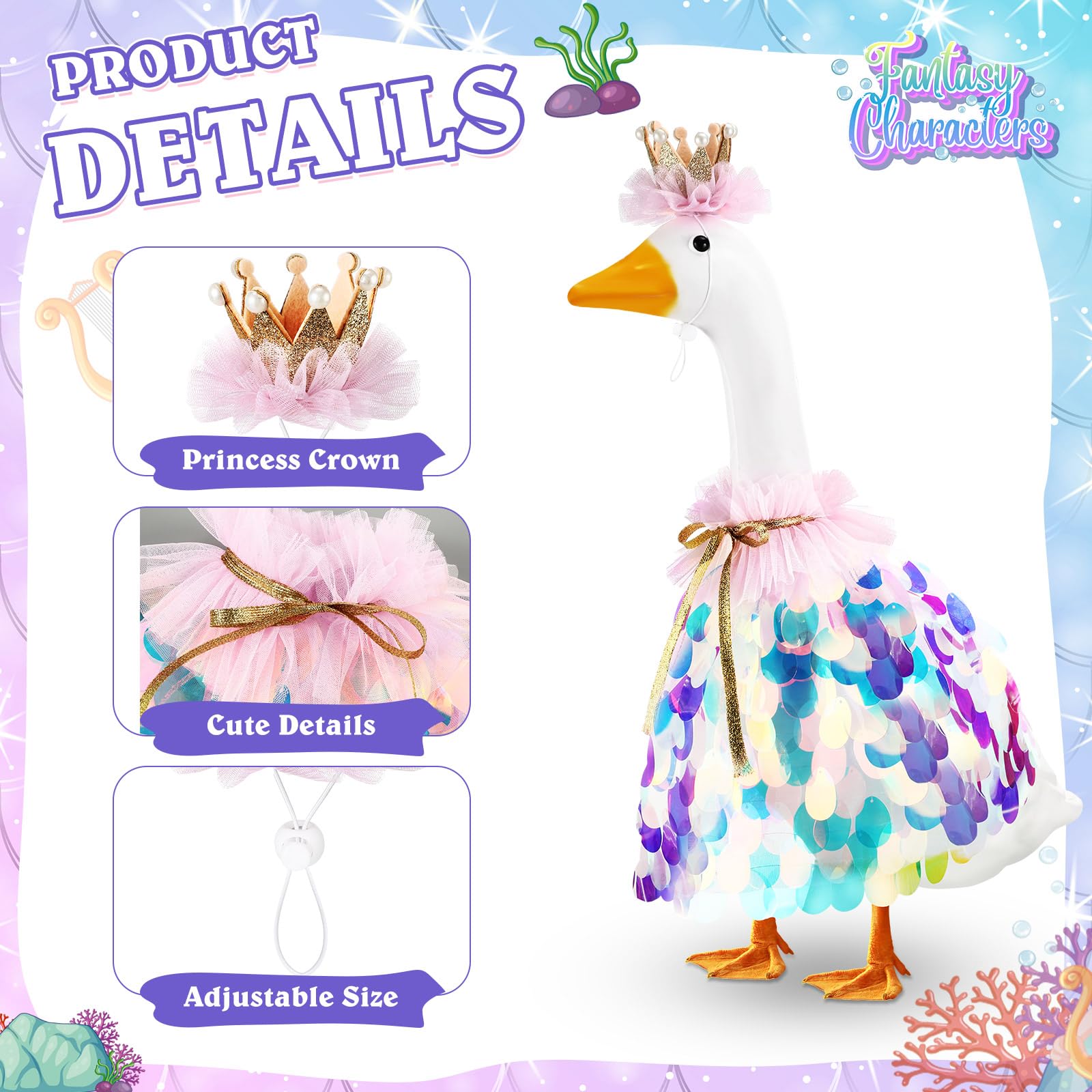 Jeere Sequin Cape Blue sparkles under sun, creating rainbow reflections on the goose.
