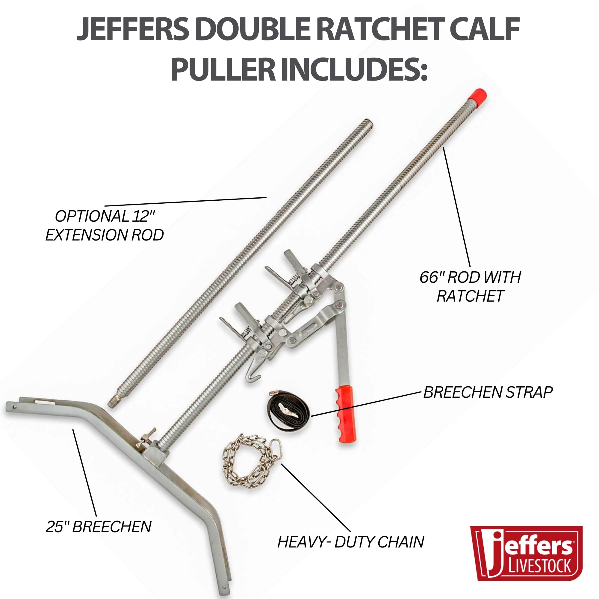 Jeffers calf-puller extension rod 12-in for added reach.