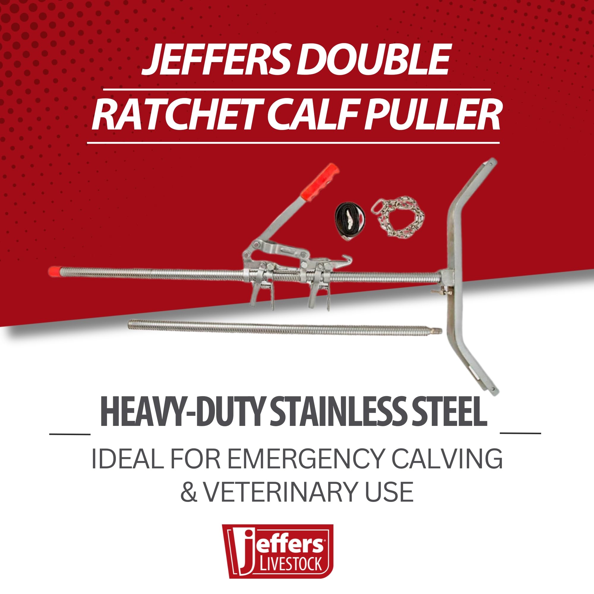 Jeffers calf puller ratchet assembly enables stepwise leg pulling.