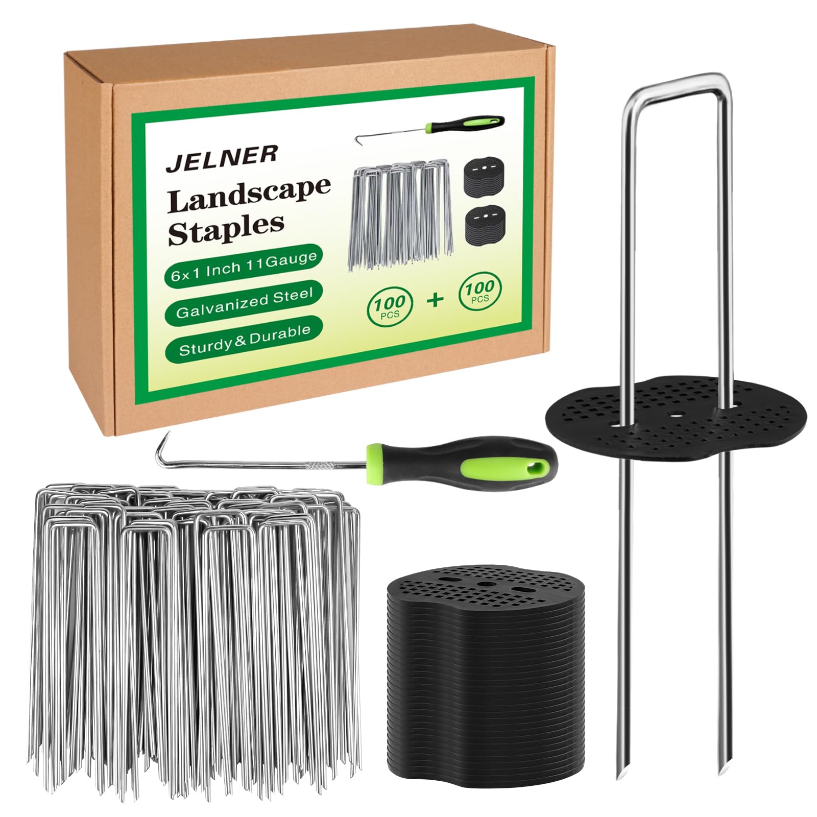 JELNER garden stakes packaging shows 100 stakes and accessories for sturdy setup.