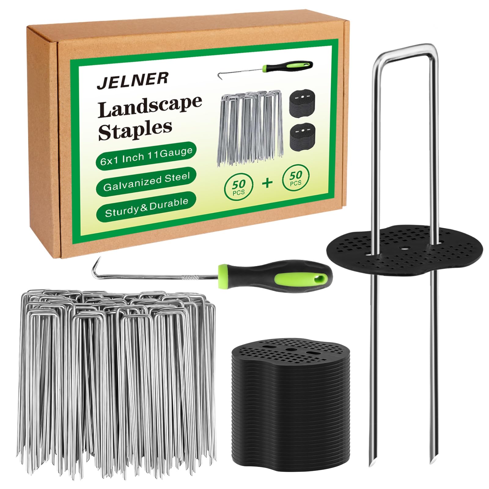 JELNER garden stakes 6-inch 11-gauge: sturdy galvanized anchors for securing fabric and sod.