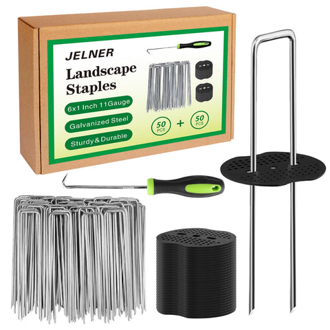 JELNER garden stakes 6-inch 11-gauge: sturdy galvanized anchors for securing fabric and sod.