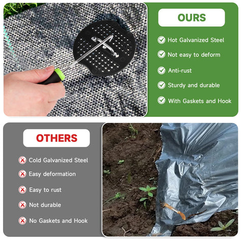 JELNER landscape stakes in garden setting illustrating versatile fixes for fabric, fence, and tarp