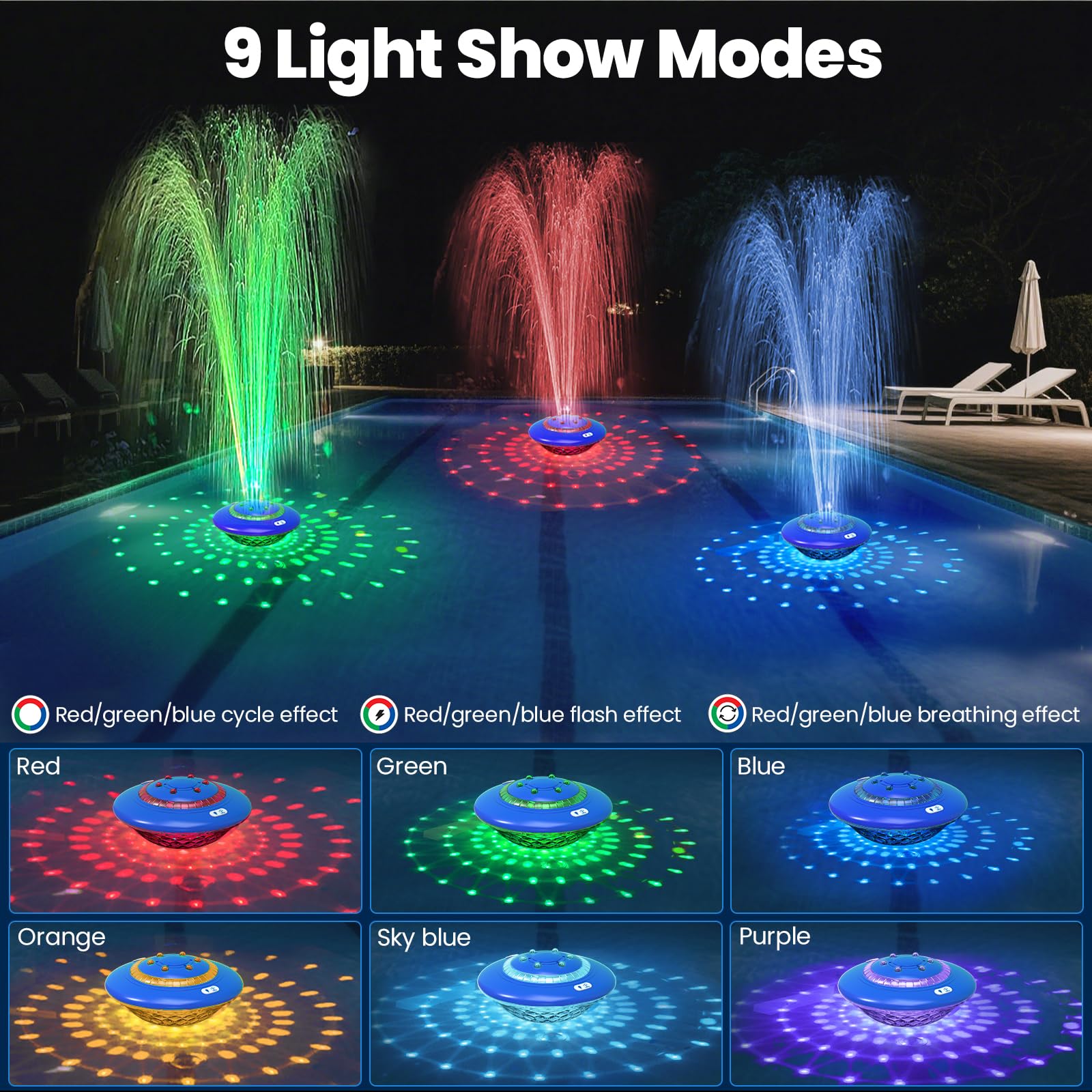 JEMULICE nine lighting modes create disco-style color bursts for lively pool parties.
