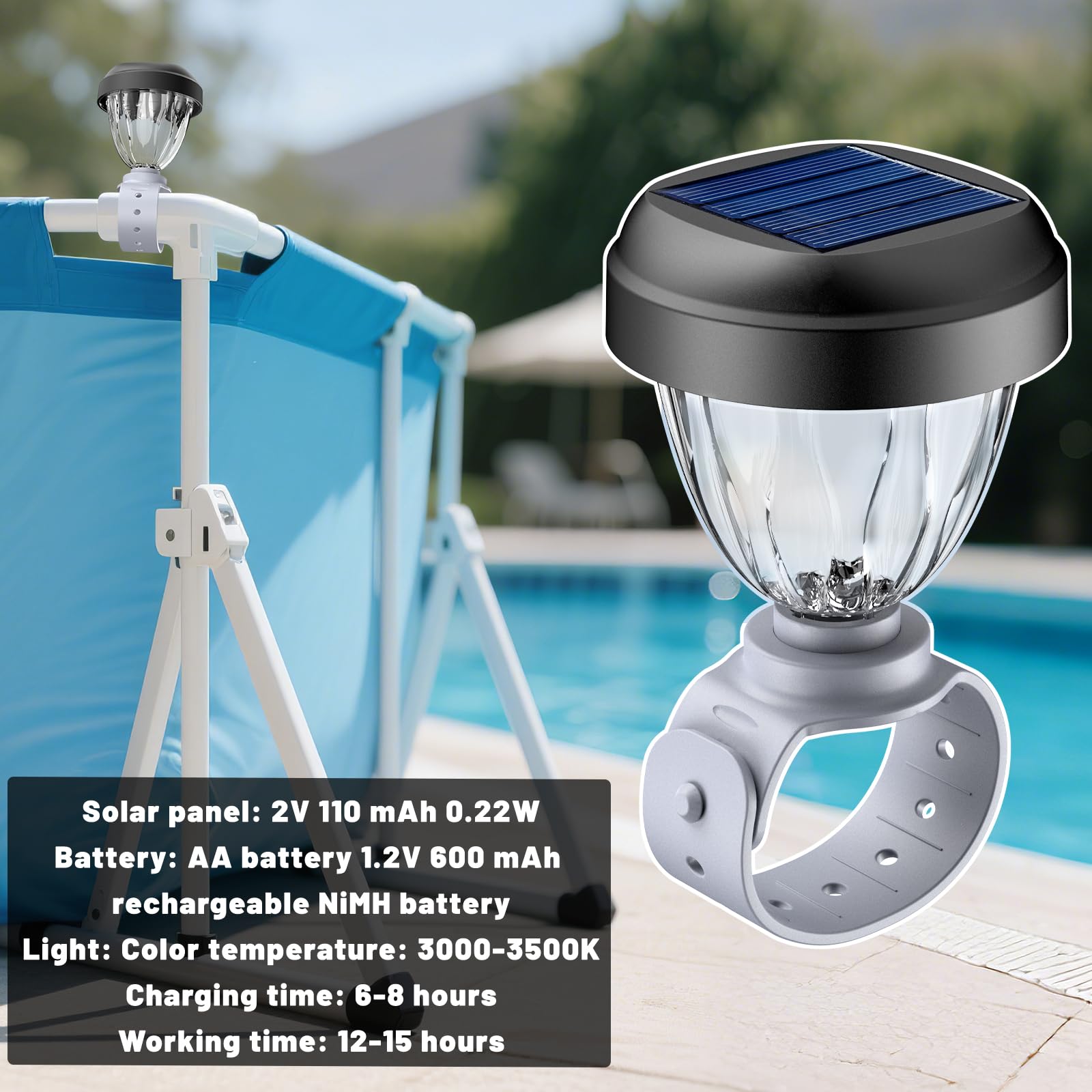 JEMULICE solar pool light around trampoline creates a safe, inviting play area after dusk.