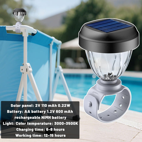 JEMULICE solar pool light around trampoline creates a safe, inviting play area after dusk.