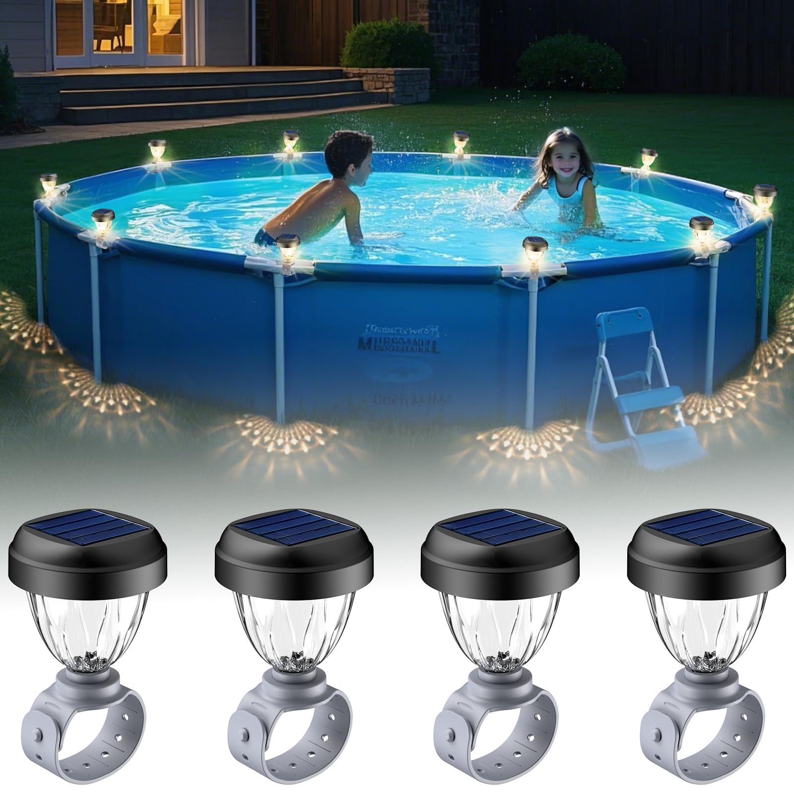 JEMULICE solar pool light at pool-edge installation adds ambient lighting for evening swims.