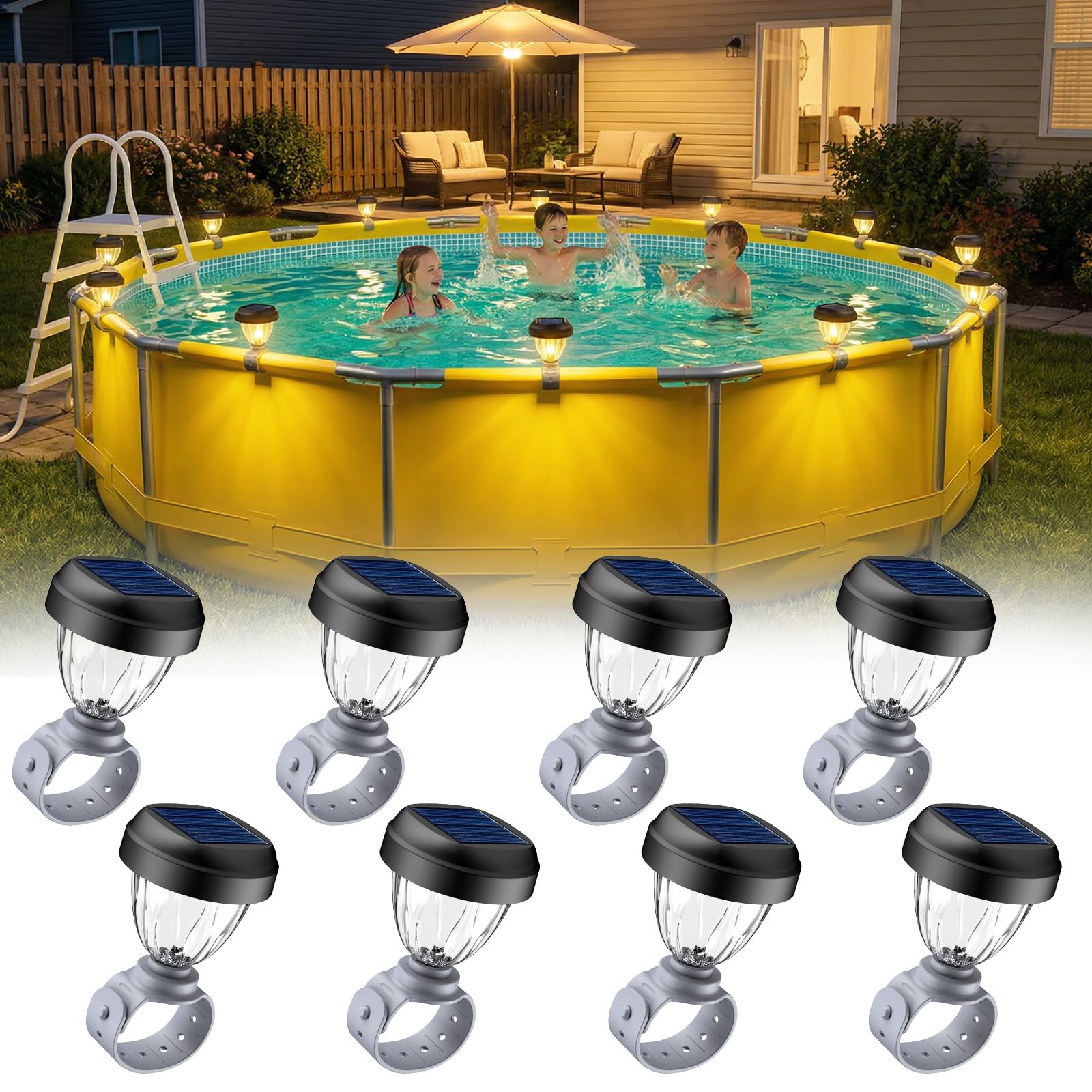 JEMULICE solar pool light on edge highlighting safe edge lighting for evenings.